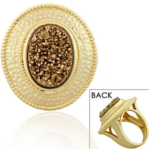 18K Yellow Gold Plated Bronze Brown Drusy Quartz Glitter Large Fashion Cocktail Ring