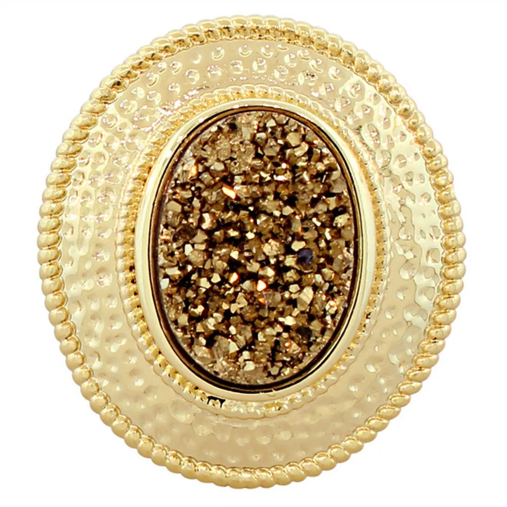 18K Yellow Gold Plated Bronze Brown Drusy Quartz Glitter Large Fashion Cocktail Ring
