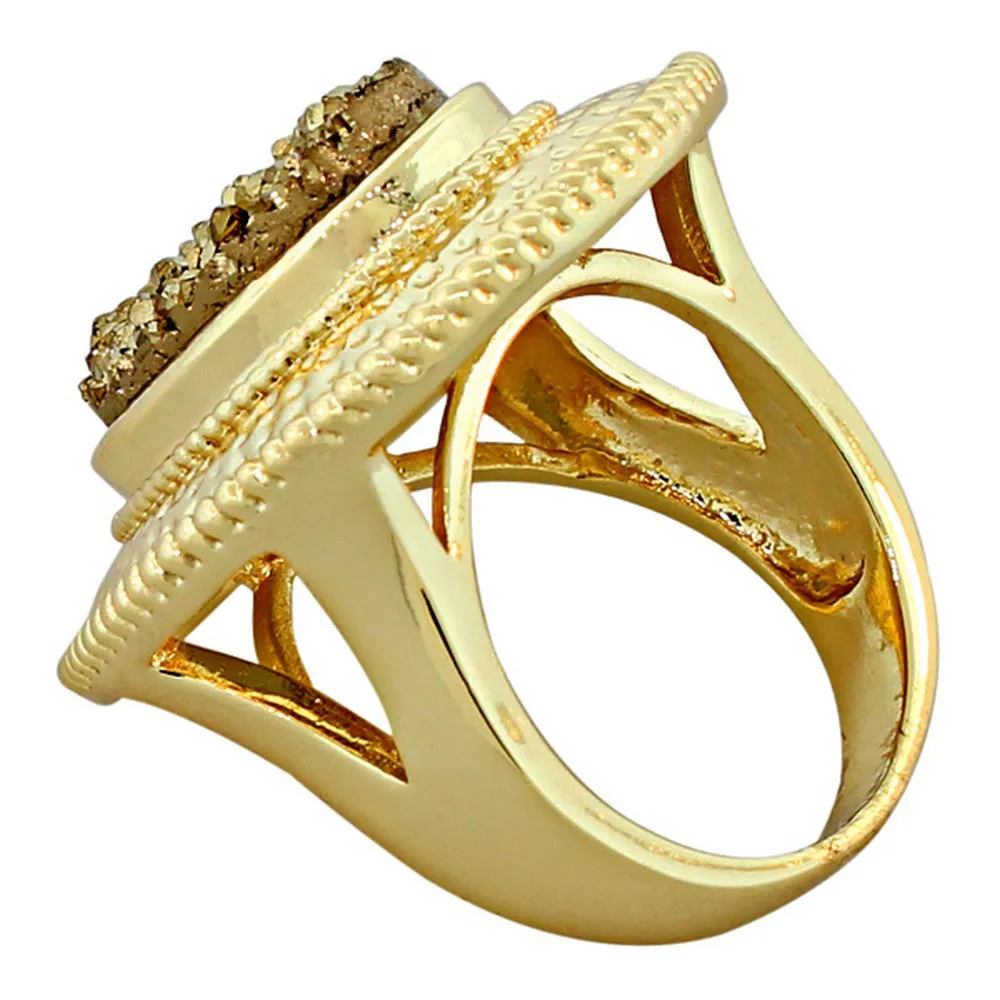 18K Yellow Gold Plated Bronze Brown Drusy Quartz Glitter Large Fashion Cocktail Ring
