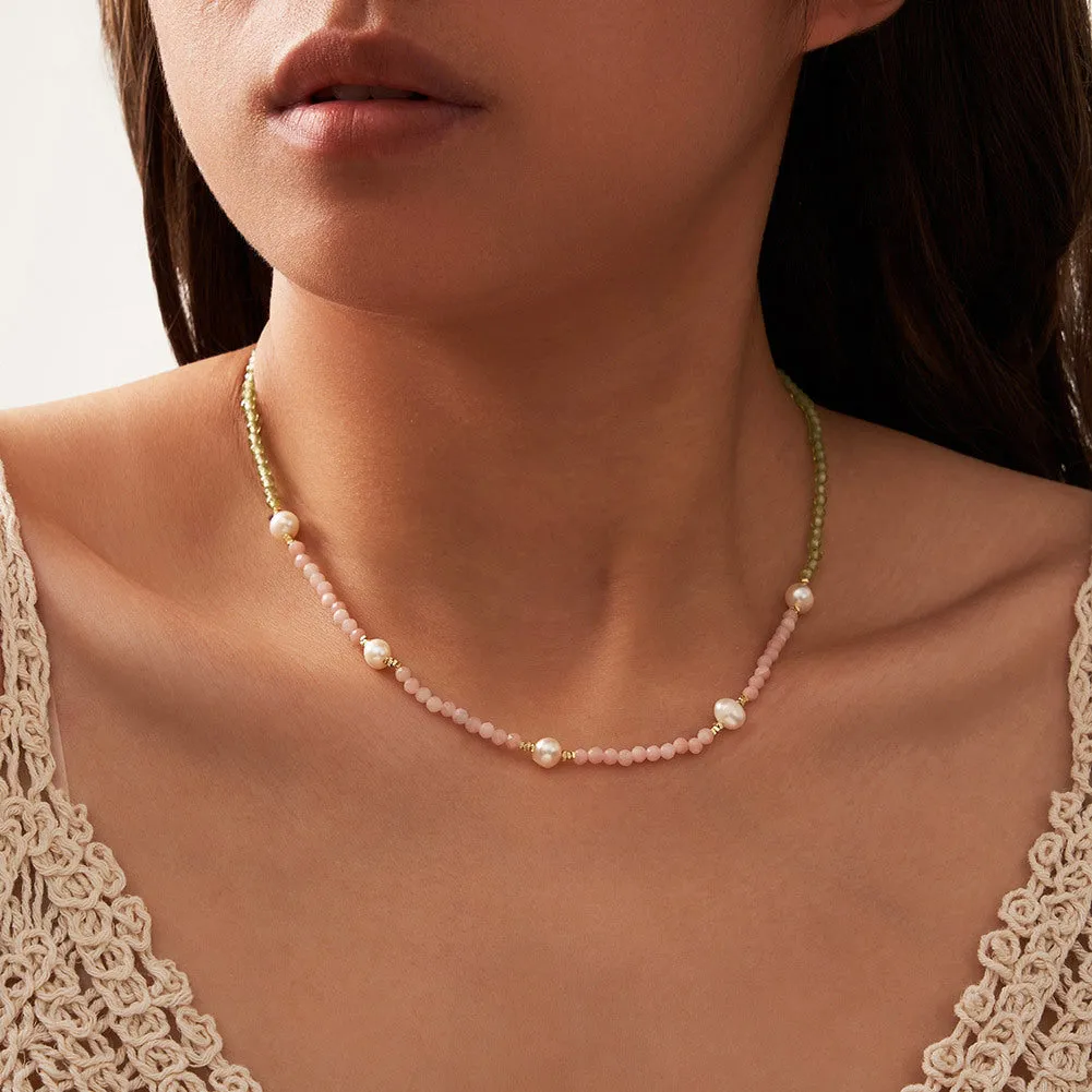 925 Silver Peridot Pink Opal Pearl Necklace