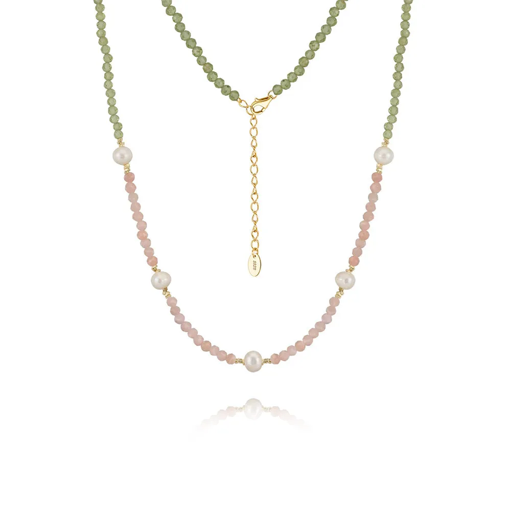925 Silver Peridot Pink Opal Pearl Necklace