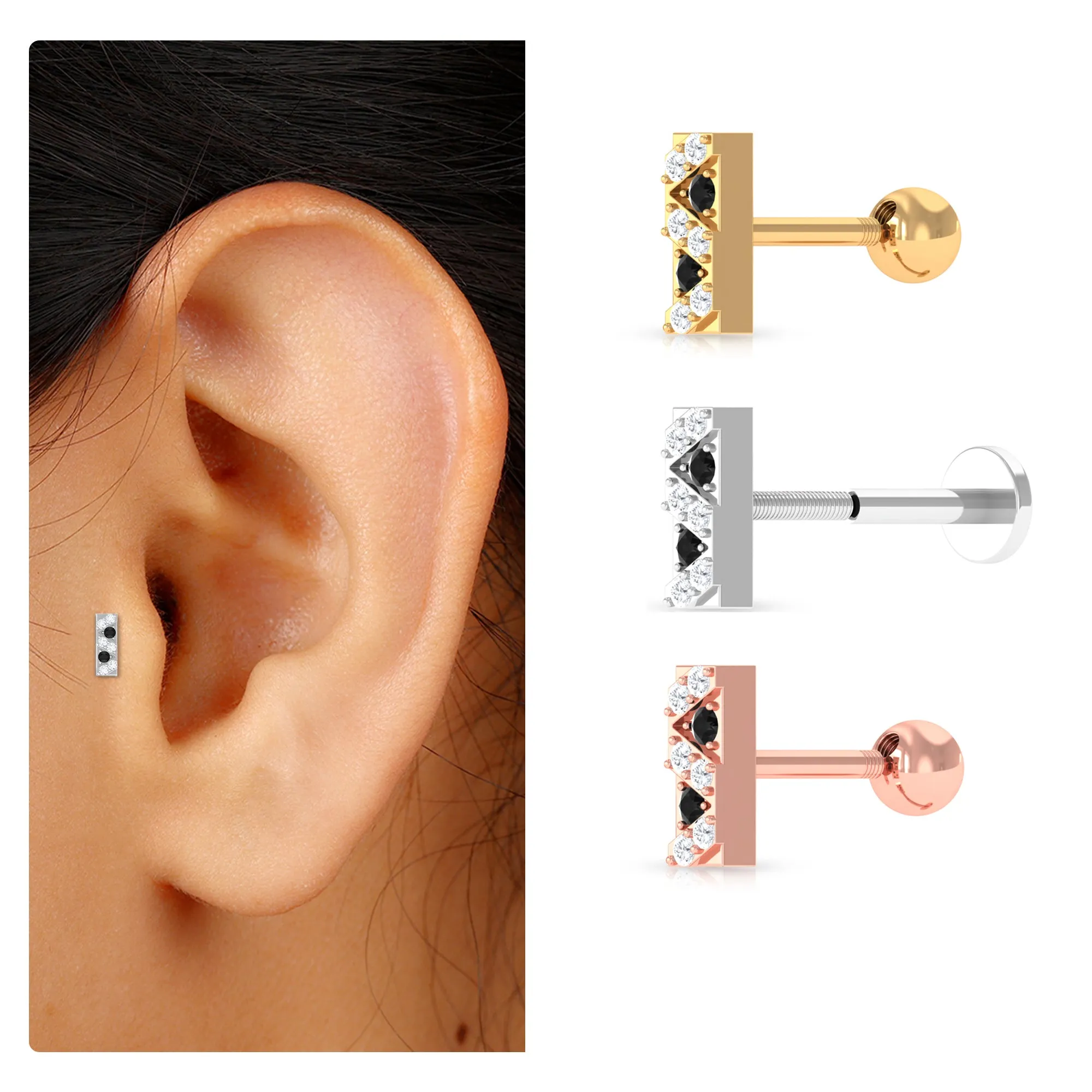 Black Diamond and Moissanite Gold Bar Conch Earring