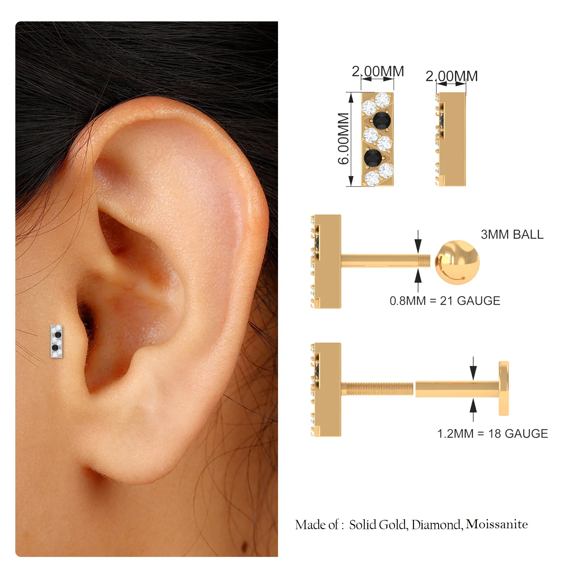 Black Diamond and Moissanite Gold Bar Conch Earring