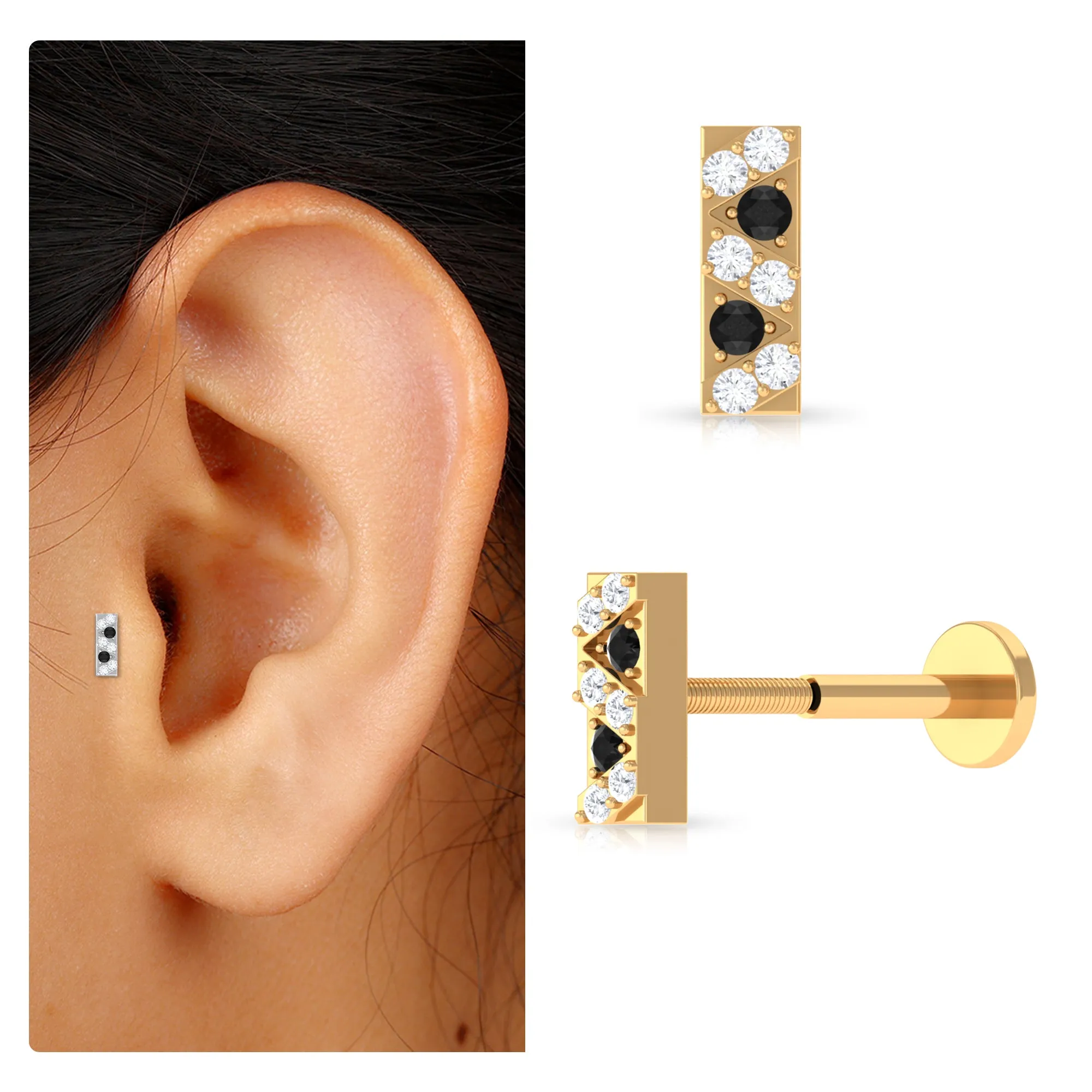 Black Diamond and Moissanite Gold Bar Conch Earring