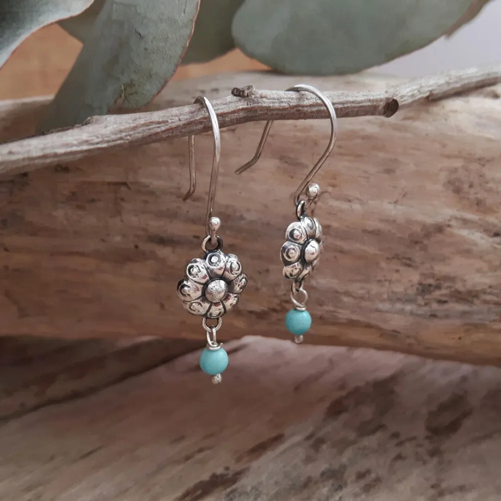 Bloom Flower Silver & Turquoise Drop Earrings