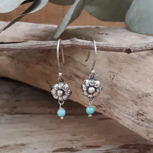 Bloom Flower Silver & Turquoise Drop Earrings
