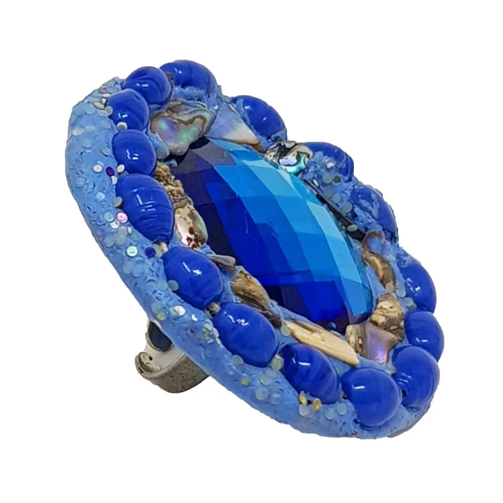 BLUE ROUND CRYSTAL COCKTAIL RING, 2000