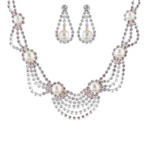 Bridal Wedding Jewelry Set Crystal Rhinestone Pearl Elegant Classy Necklace