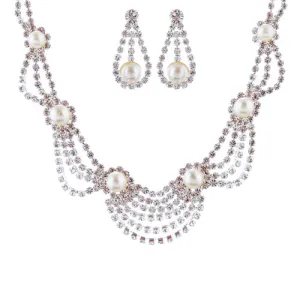 Bridal Wedding Jewelry Set Crystal Rhinestone Pearl Elegant Classy Necklace