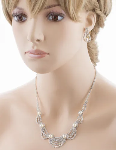 Bridal Wedding Jewelry Set Crystal Rhinestone Pearl Elegant Classy Necklace