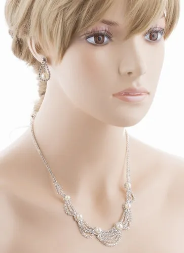 Bridal Wedding Jewelry Set Crystal Rhinestone Pearl Elegant Classy Necklace