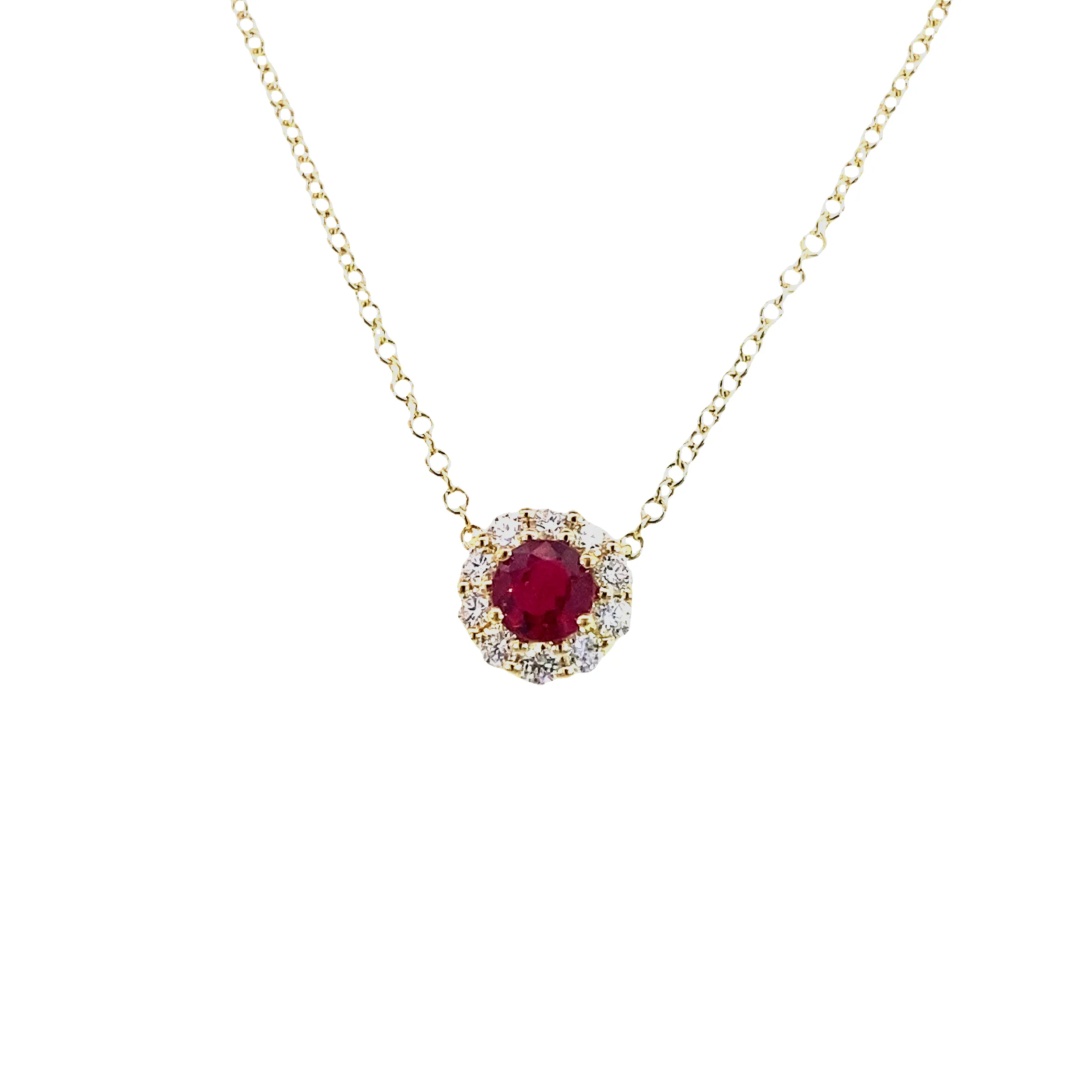 Deep Red Ruby & Diamond Halo Necklace