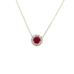 Deep Red Ruby & Diamond Halo Necklace