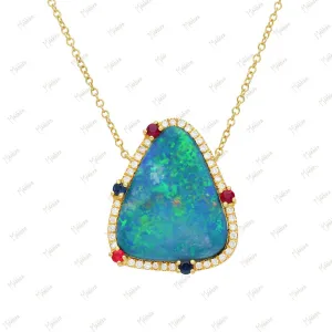 Diamond Ruby, Blue Sapphire, Australian Opal Triangle Pendant Necklace