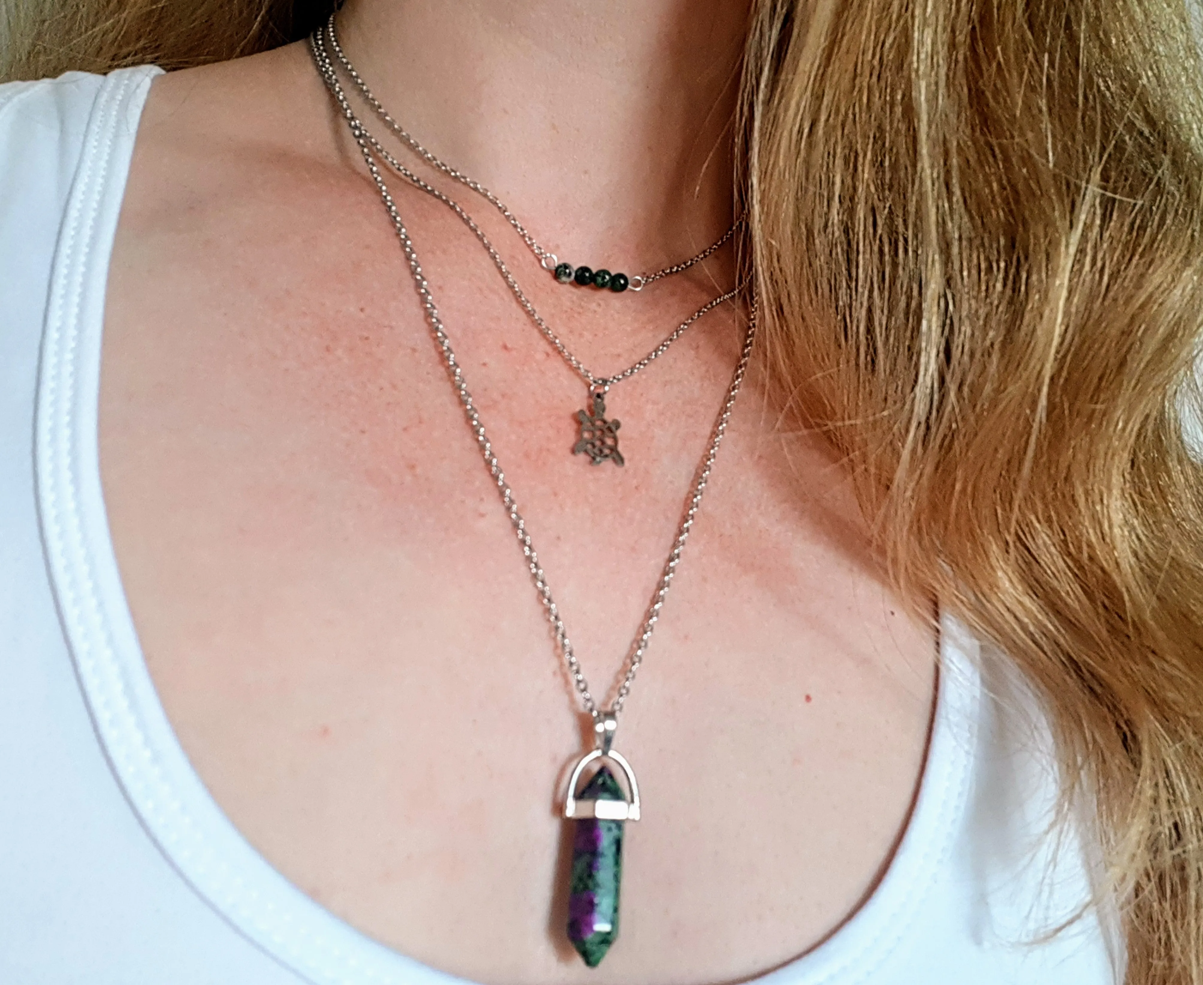 Gemstone Crystal & Charm Layered Necklace Set - Ruby in Zoisite