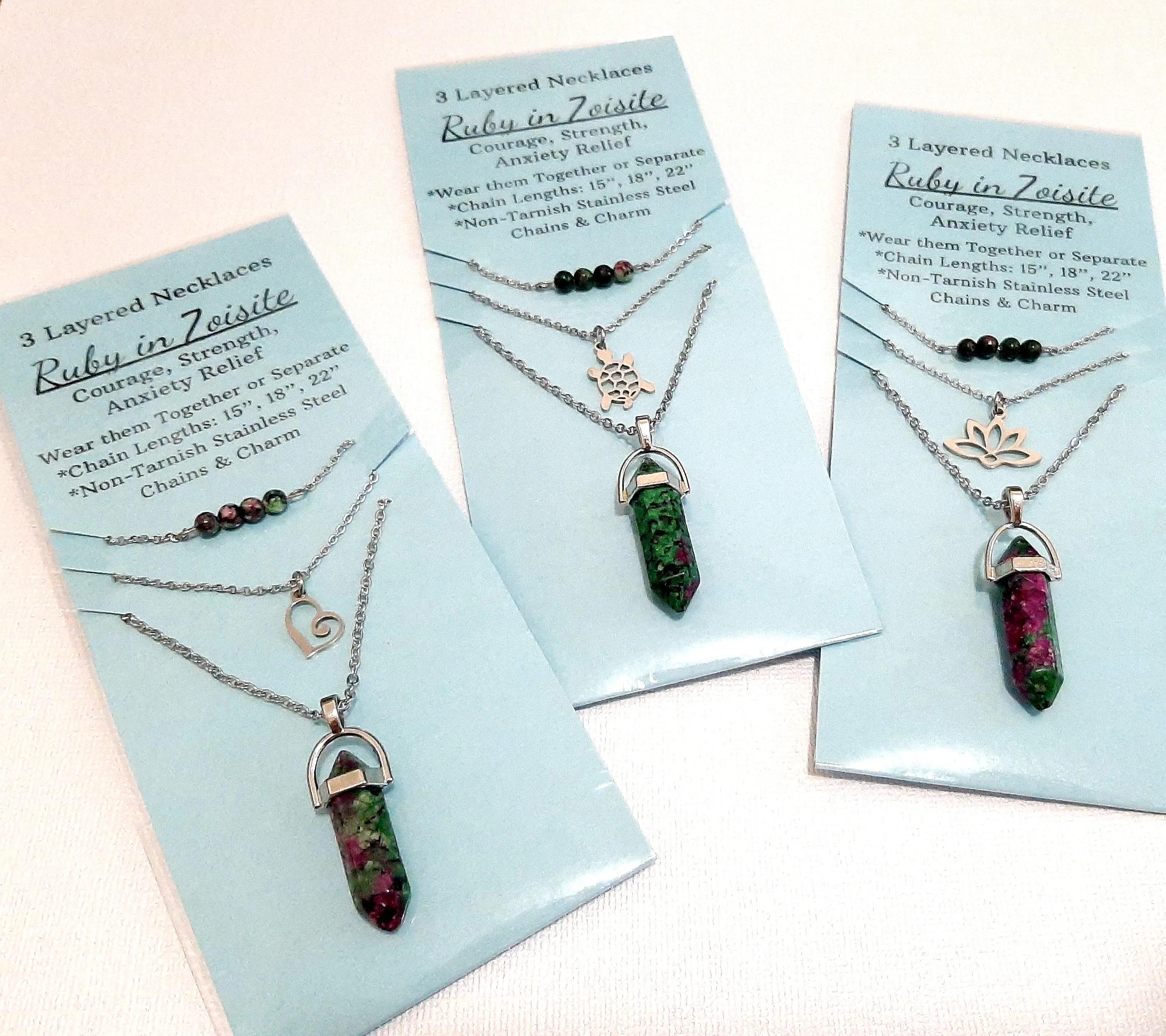 Gemstone Crystal & Charm Layered Necklace Set - Ruby in Zoisite