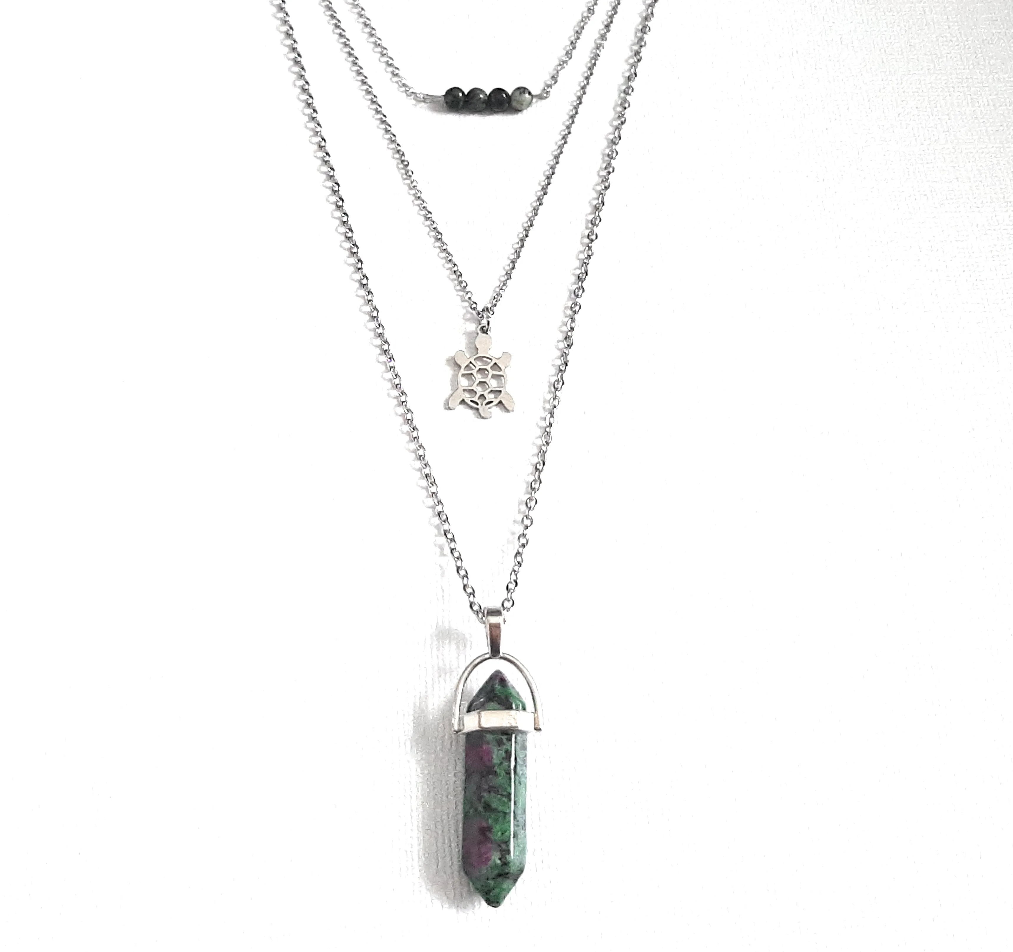 Gemstone Crystal & Charm Layered Necklace Set - Ruby in Zoisite