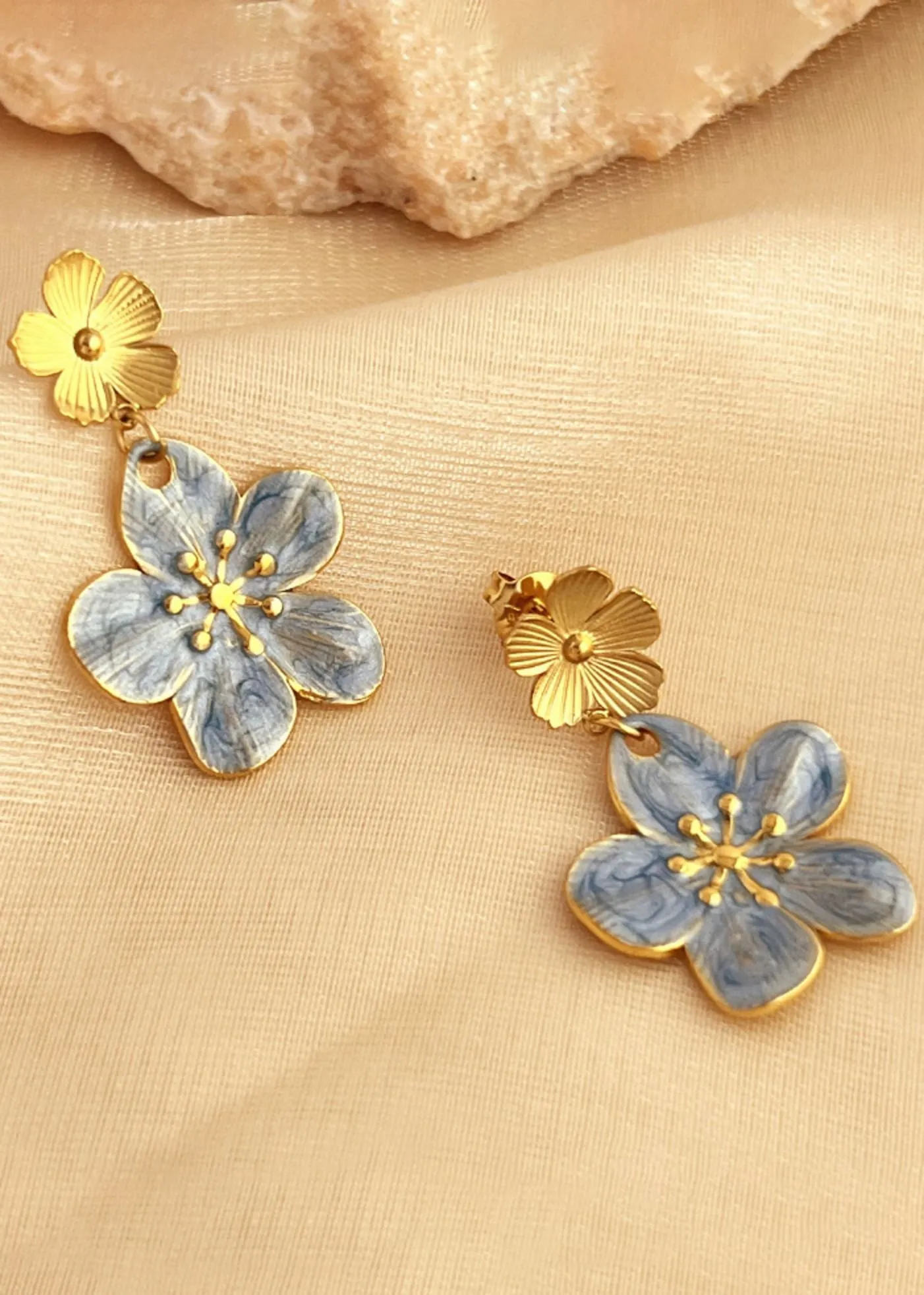 Gold Blue Double Flower Drop Earrings