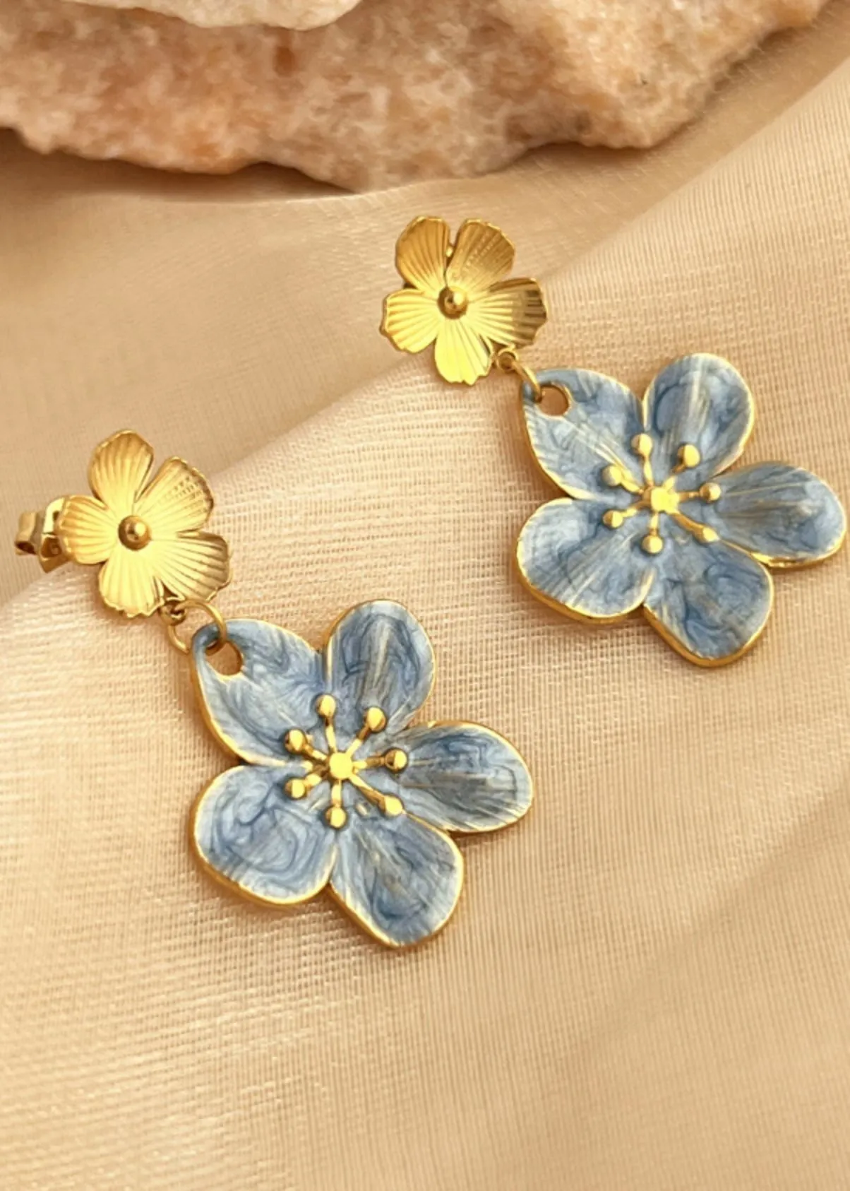 Gold Blue Double Flower Drop Earrings