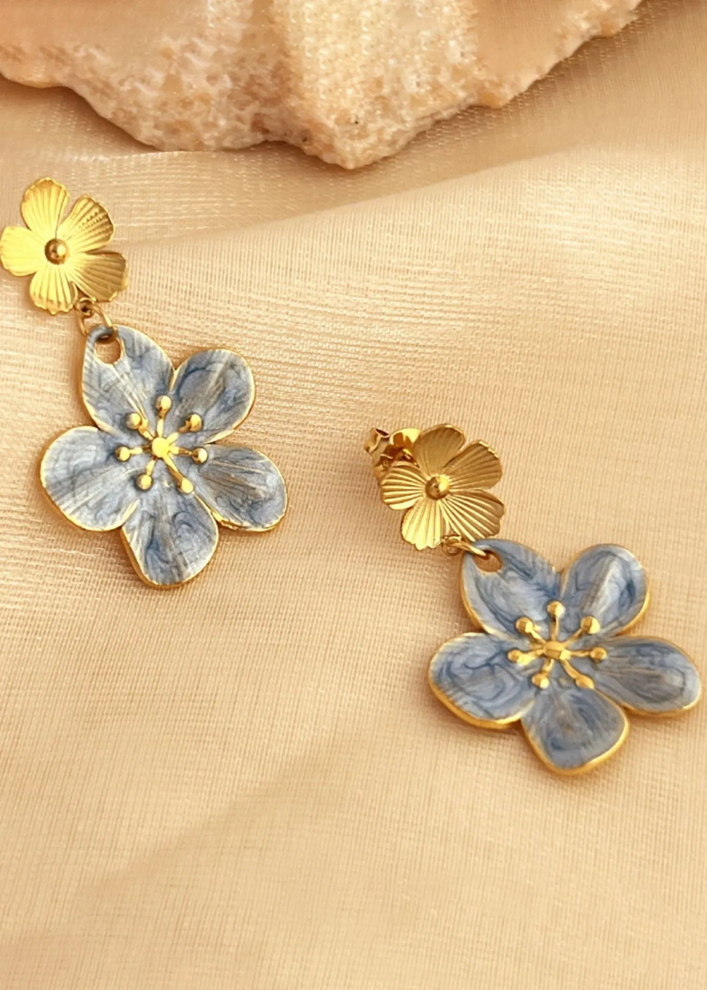 Gold Blue Double Flower Drop Earrings