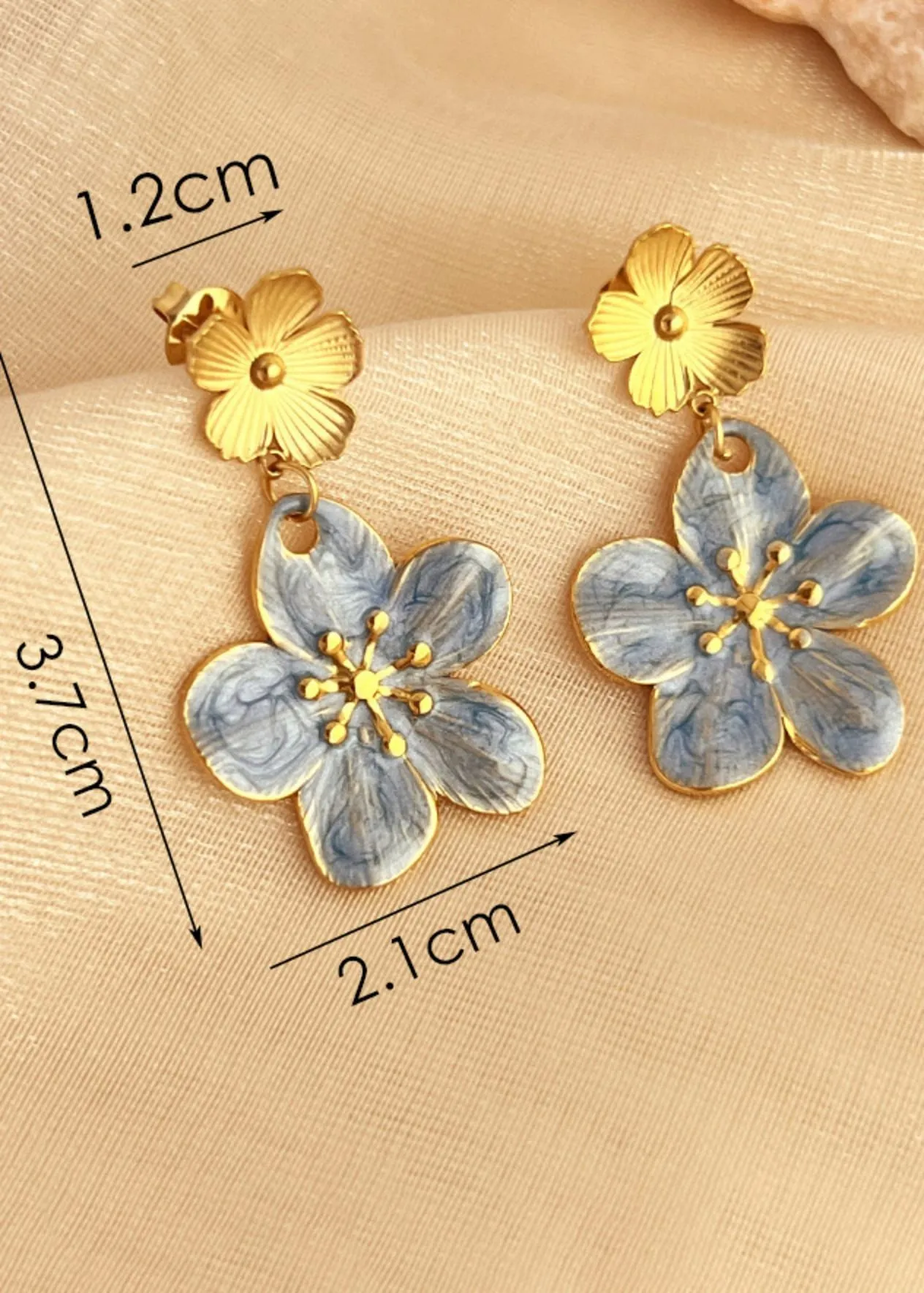 Gold Blue Double Flower Drop Earrings