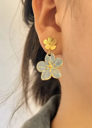 Gold Blue Double Flower Drop Earrings