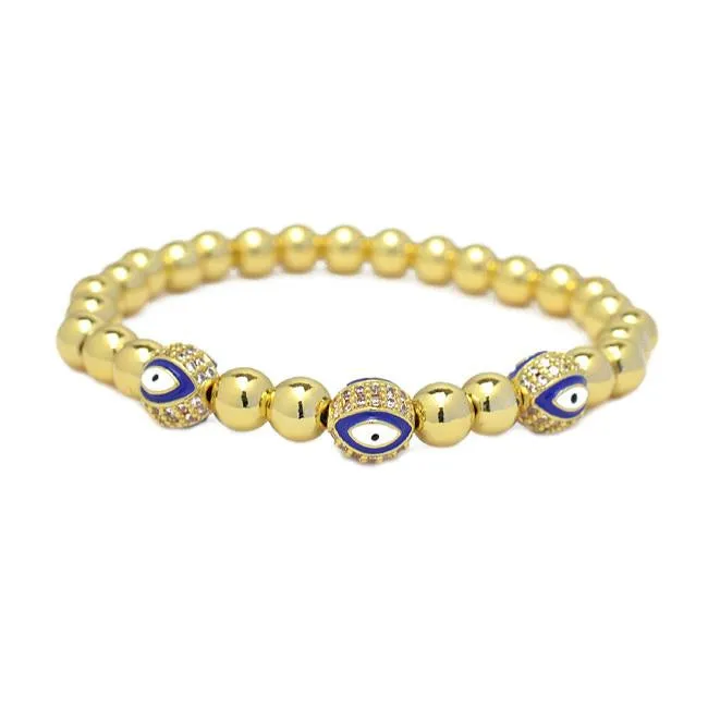 Gold Cubic Zirconia Evil Eye Beaded Stretch Bracelet