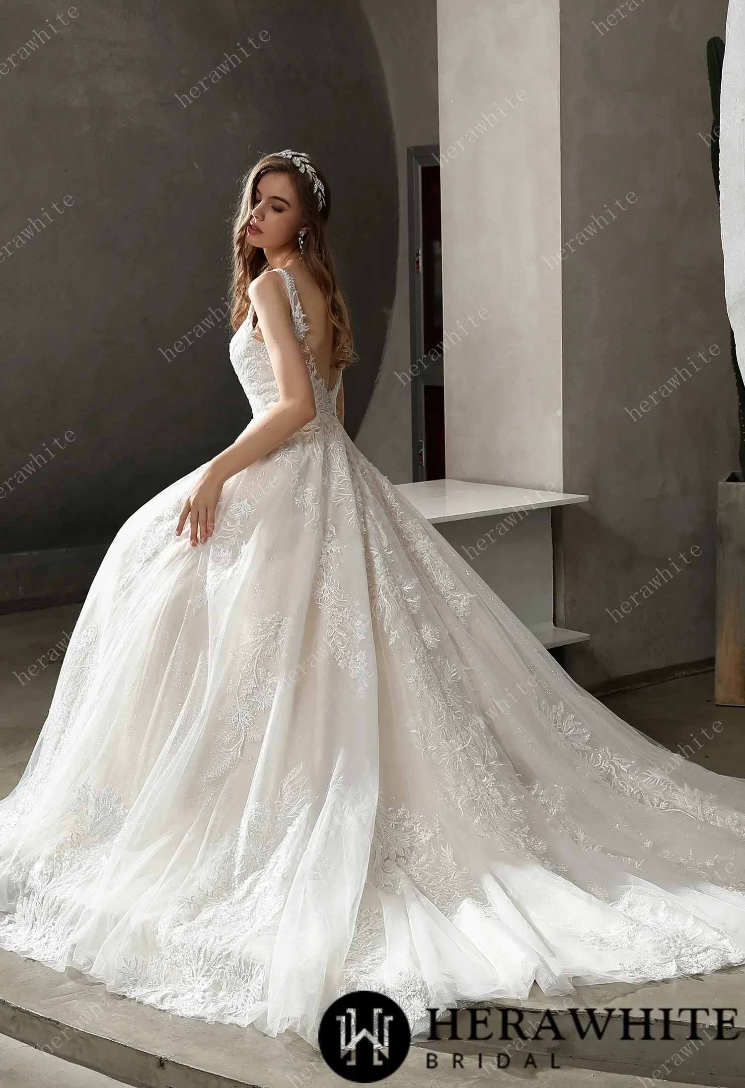 HeraWhite Bridal- HW3021 Stunning Tulle/Lace Glitter Gown