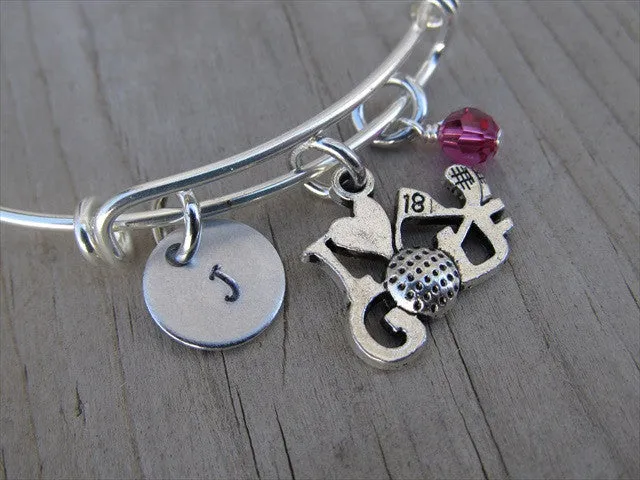I ♥ Golf Charm Bracelet- Adjustable Bangle Bracelet with an Initial Charm and an Accent Bead of your choice