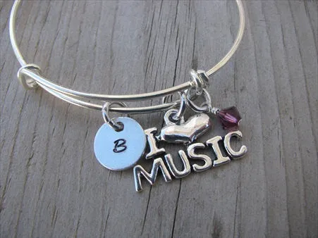 I ♥ Music Charm Bracelet- Adjustable Bangle Bracelet with an accent bead in your choice of colors