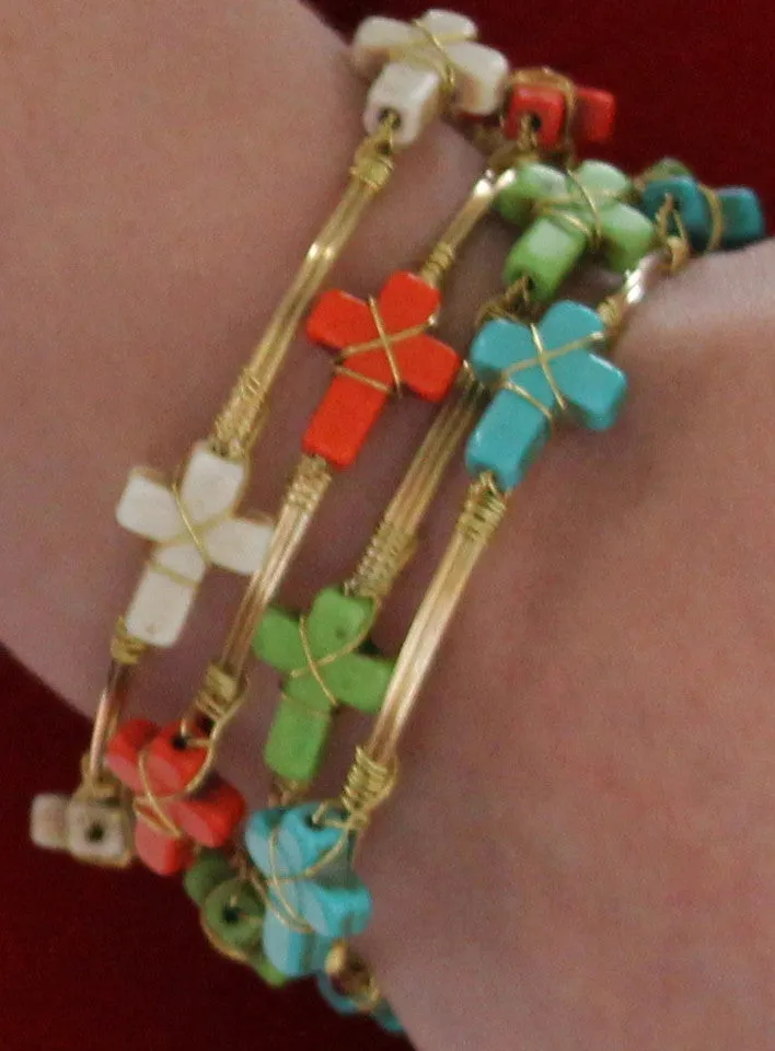 Large Stone Cross Coral Bangle Bracelet