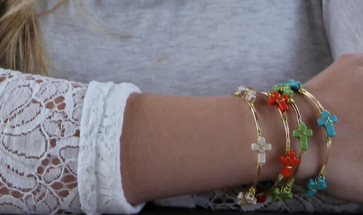 Large Stone Cross Coral Bangle Bracelet