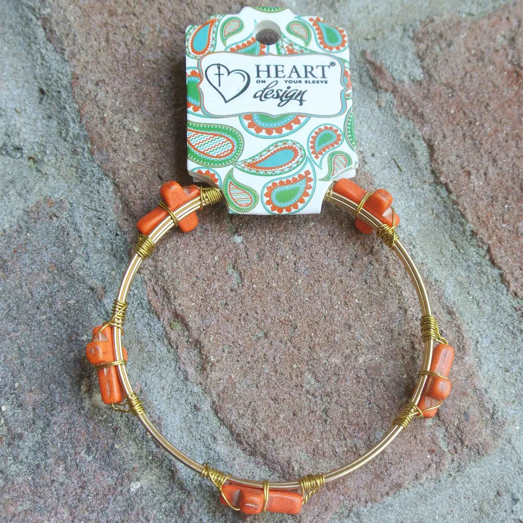 Large Stone Cross Coral Bangle Bracelet
