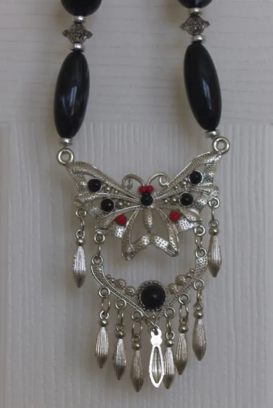 Necklace 0168 Silver Black Beads Butterfly Pendant