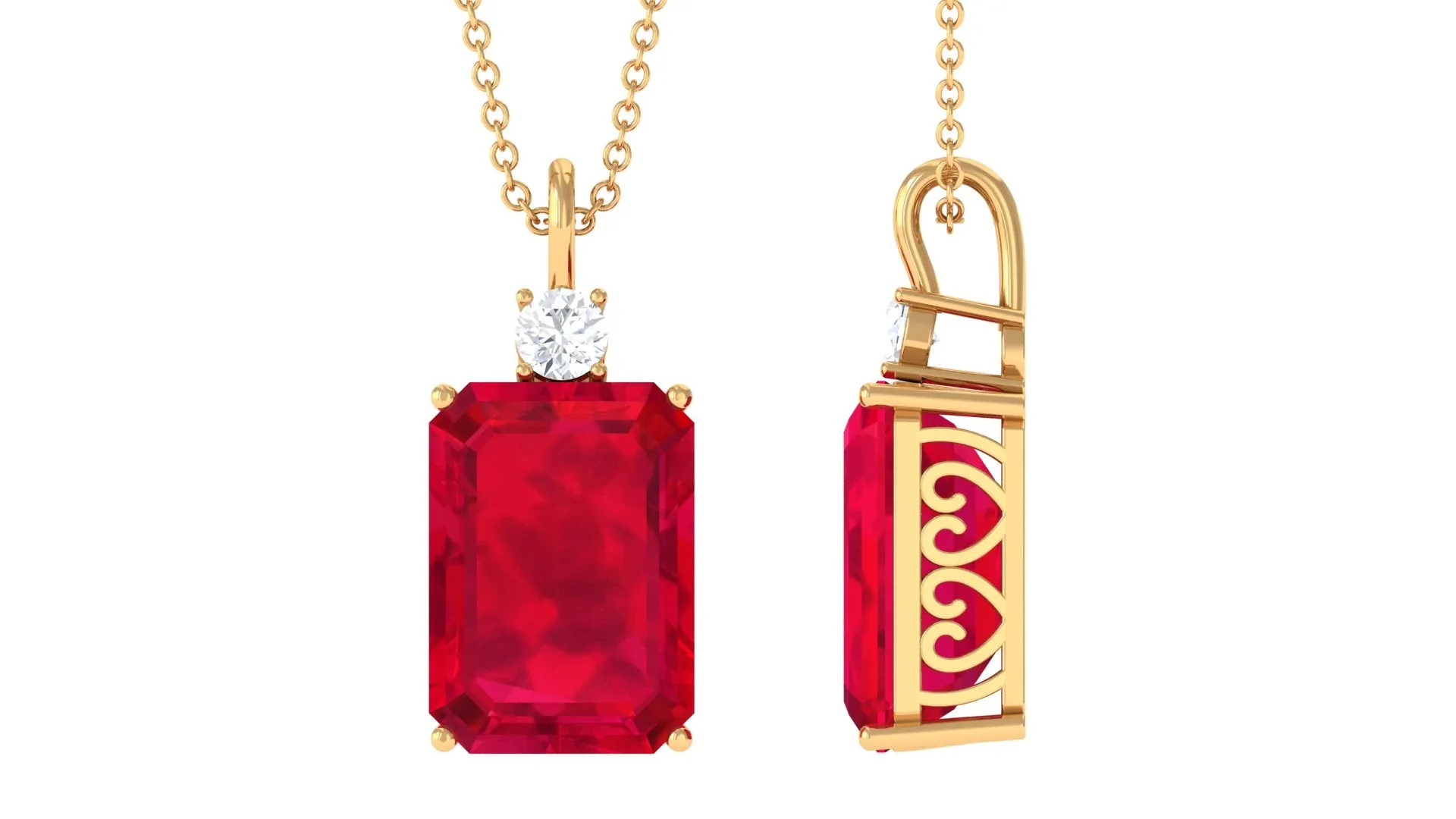 Octagon Cut Created Ruby Solitaire Pendant with Moissanite