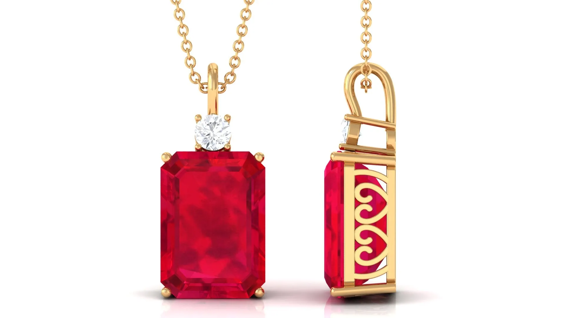 Octagon Cut Created Ruby Solitaire Pendant with Moissanite