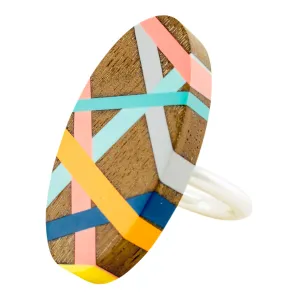 Orange and Blue Walnut Wood Cocktail Statement Ring