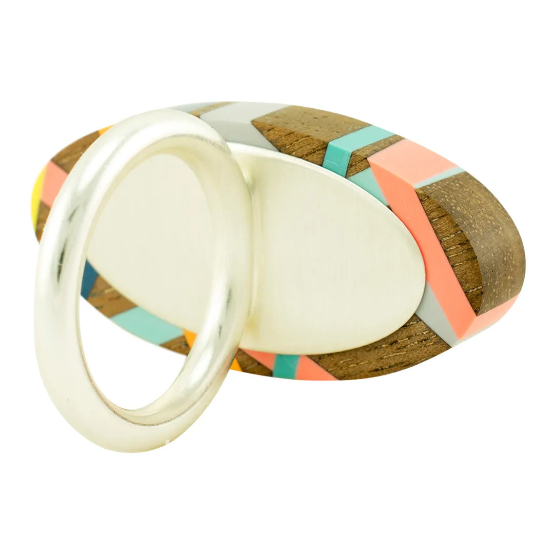 Orange and Blue Walnut Wood Cocktail Statement Ring