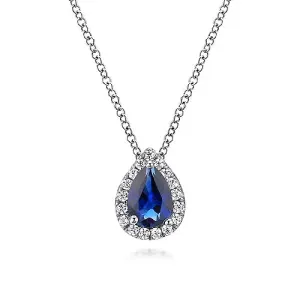 Pear Shaped Sapphire and Diamond Halo Pendant Necklace