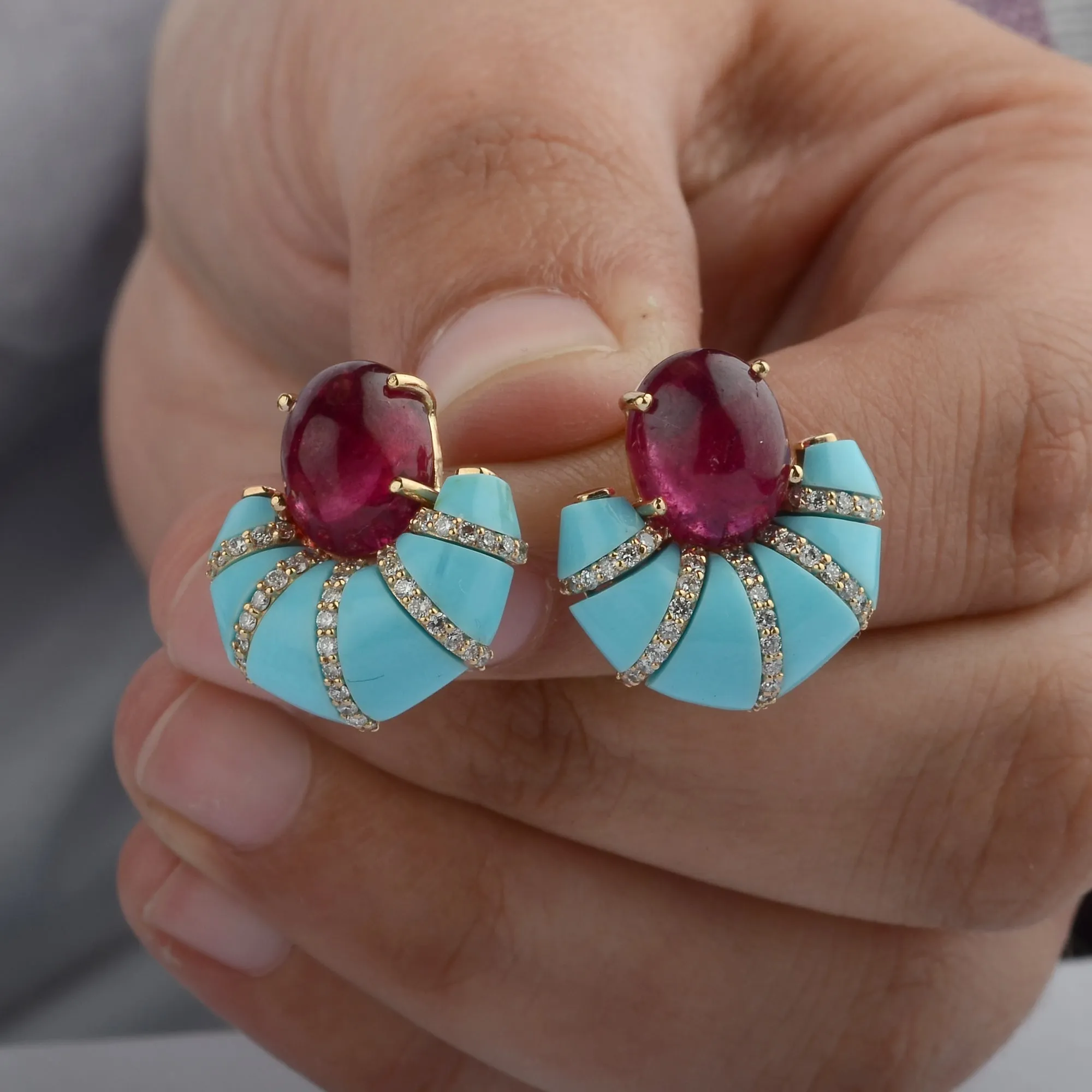 Pink Tourmaline, Turquoise & Diamond Earrings