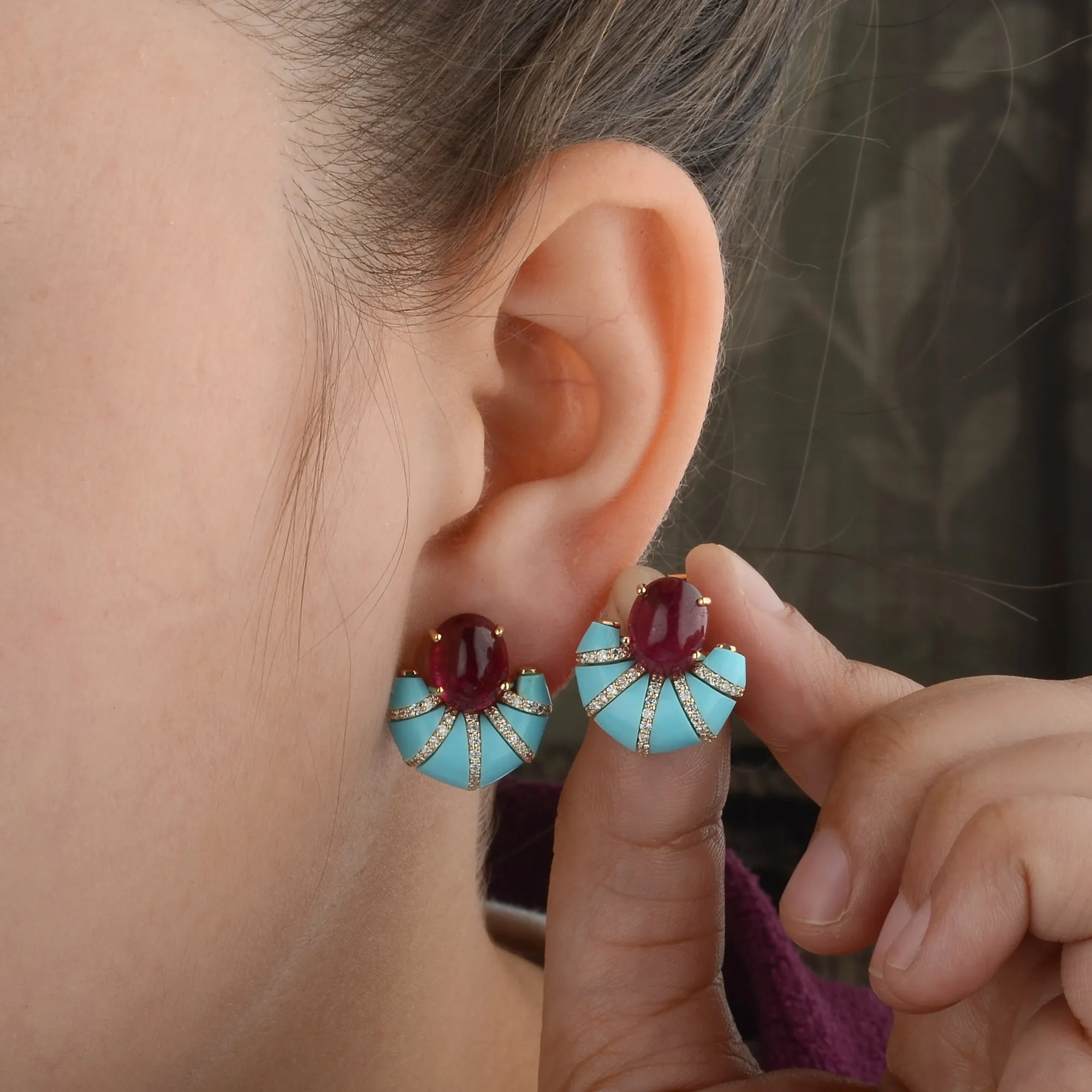 Pink Tourmaline, Turquoise & Diamond Earrings