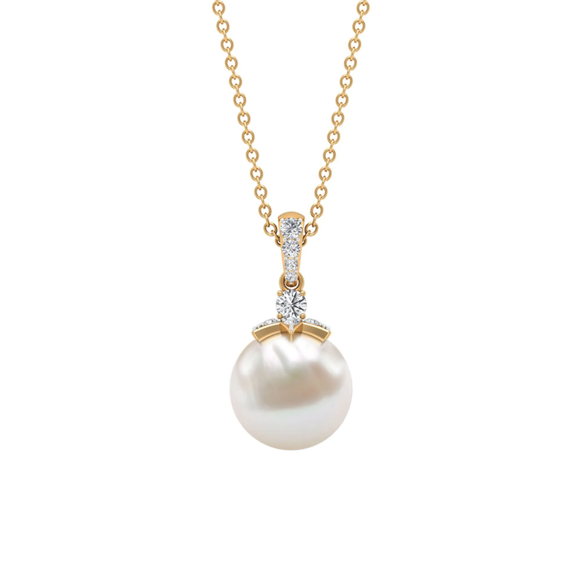 Real Freshwater Pearl and Diamond Drop Pendant Necklace