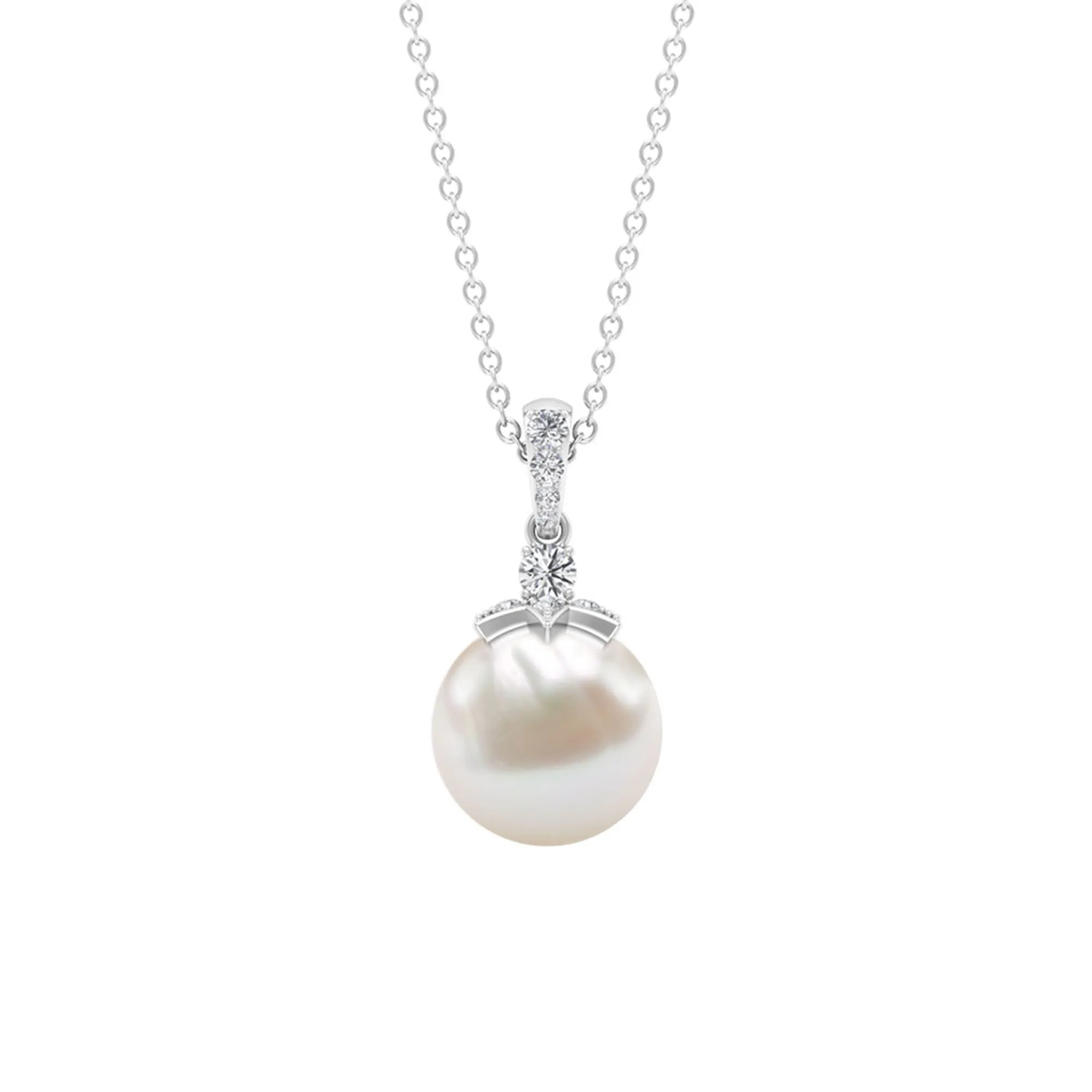 Real Freshwater Pearl and Diamond Drop Pendant Necklace