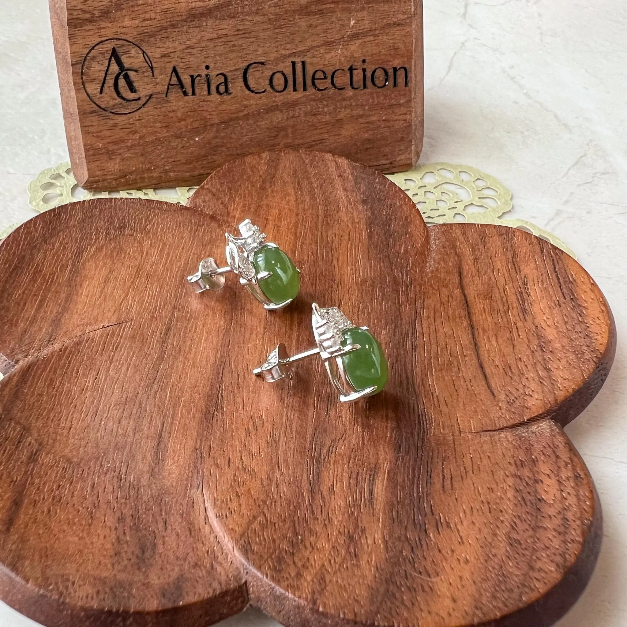 Silver Leaf Green Jade Earring Studs, Green Nephrite Jade Sterling Silver Earrings, JSY-0424-12150