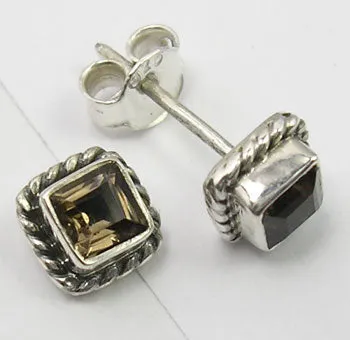 Solid Silver Smoky Quartz Square Stud Earrings