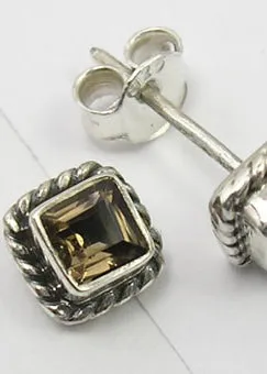 Solid Silver Smoky Quartz Square Stud Earrings