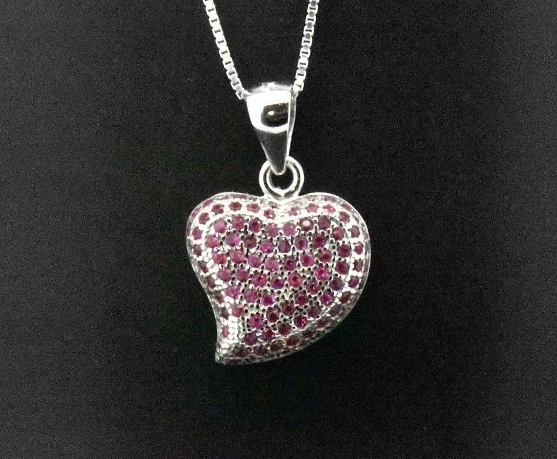 Sterling Silver Created Red Ruby Heart Pendant Necklace