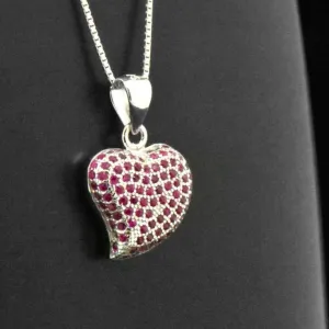 Sterling Silver Created Red Ruby Heart Pendant Necklace