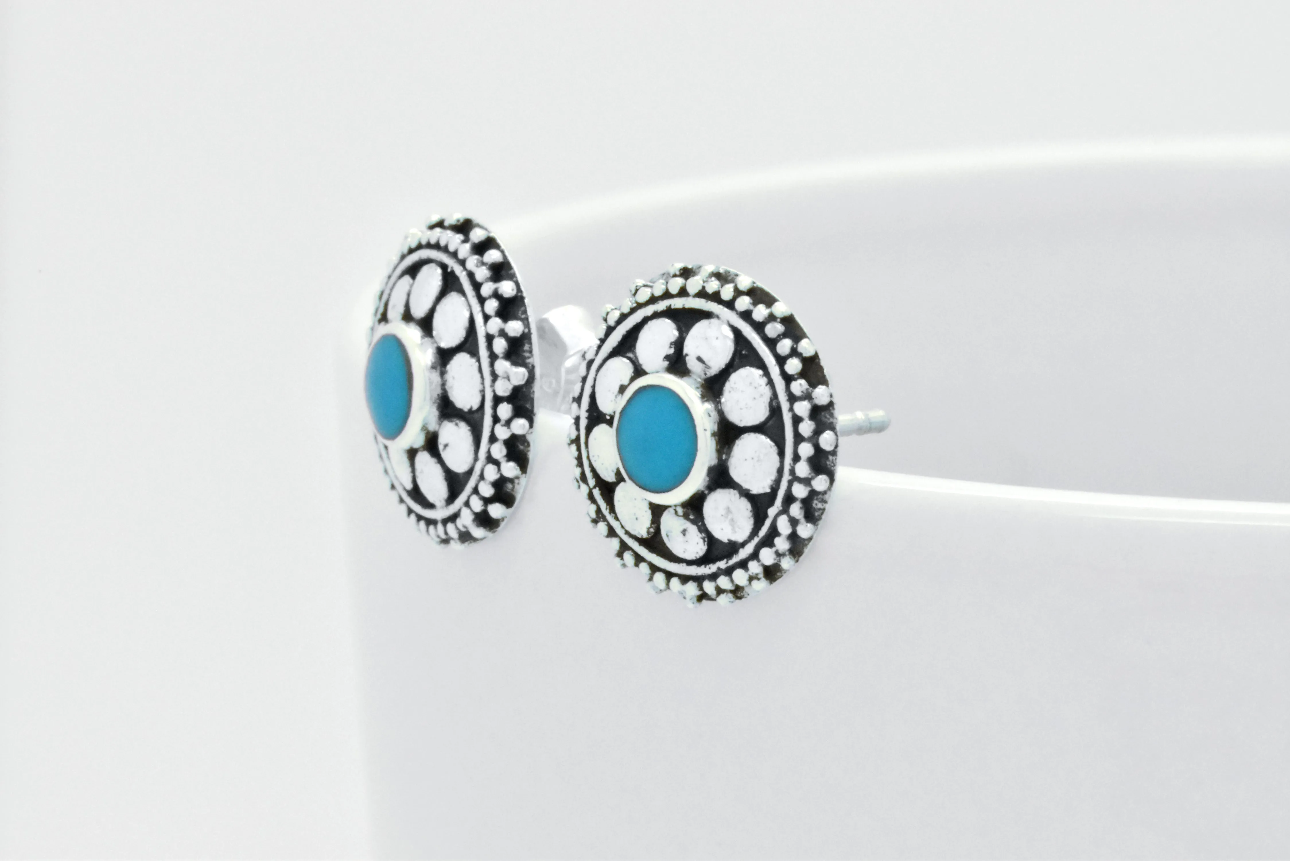 Sterling Silver Dream Floral Blue Turquoise Oxidized Stud Earrings