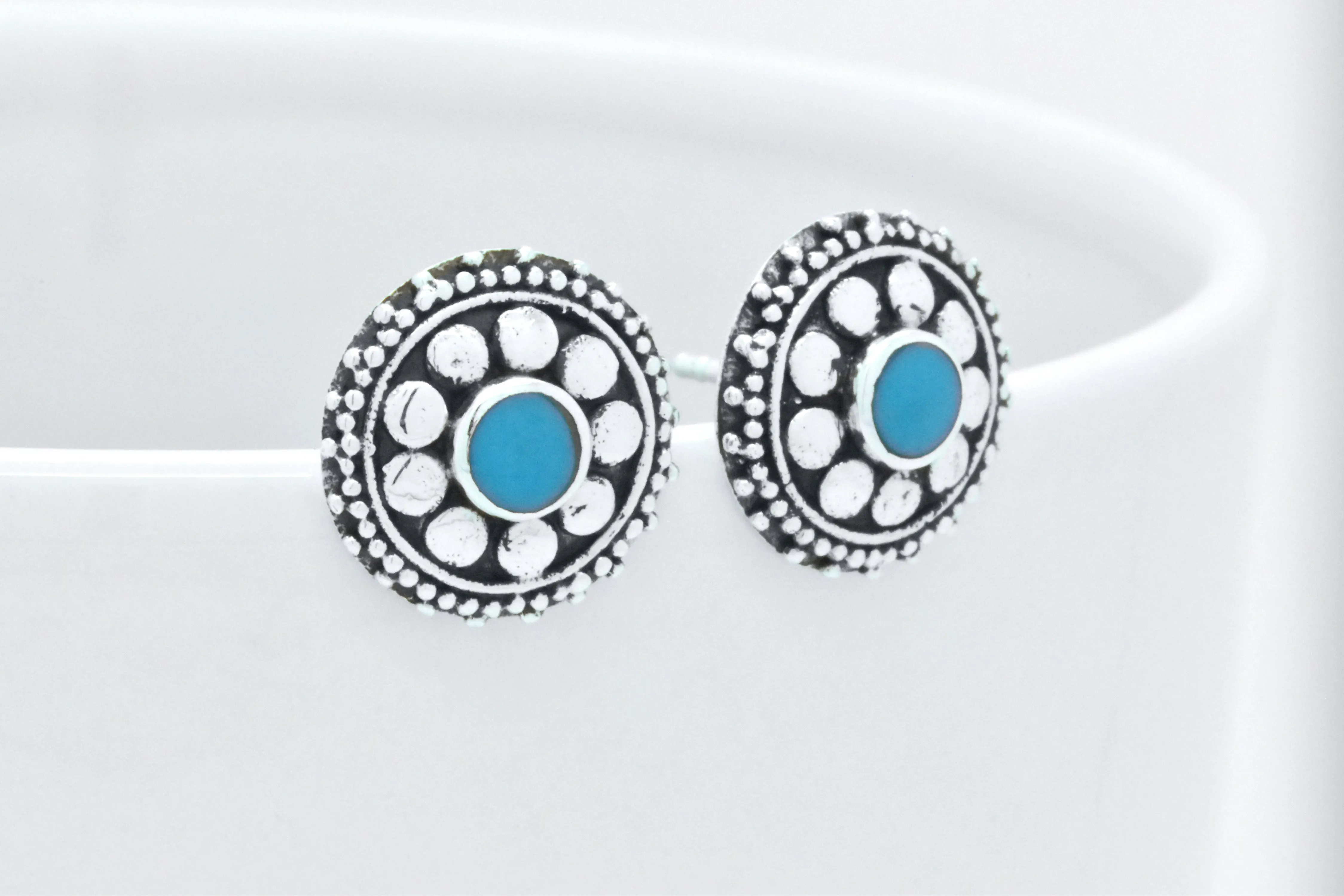 Sterling Silver Dream Floral Blue Turquoise Oxidized Stud Earrings